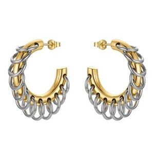 Two tone chunky gold hoops with piercing silver accents